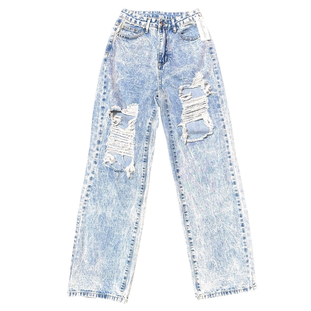 Size XS Blue Denim Jeans Destructed Light Wash Distressed Straight Relaxed Fit